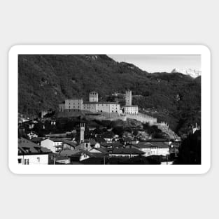 Castello Grande in black and white, Bellinzona, Ticino, Switzerland Sticker